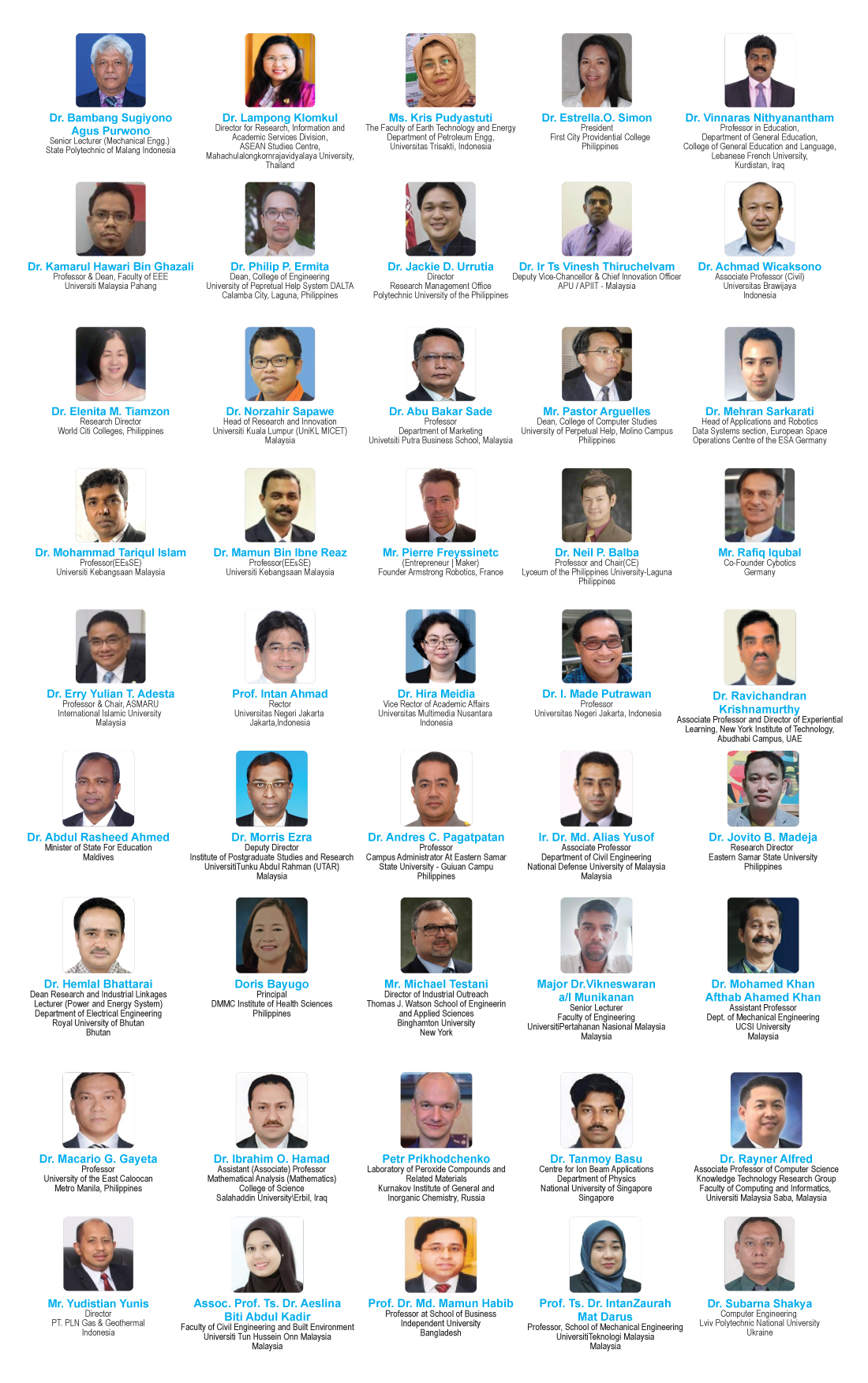 Board of past international speakers at IFERP conferences, with names, roles and institutions
